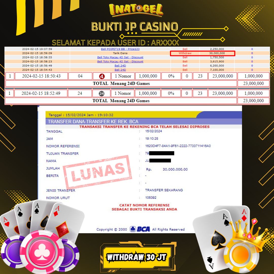 BUKTI PEMBAYARAN JP LIVE GAMES 24D GAMES Rp30,000,000,- LUNAS