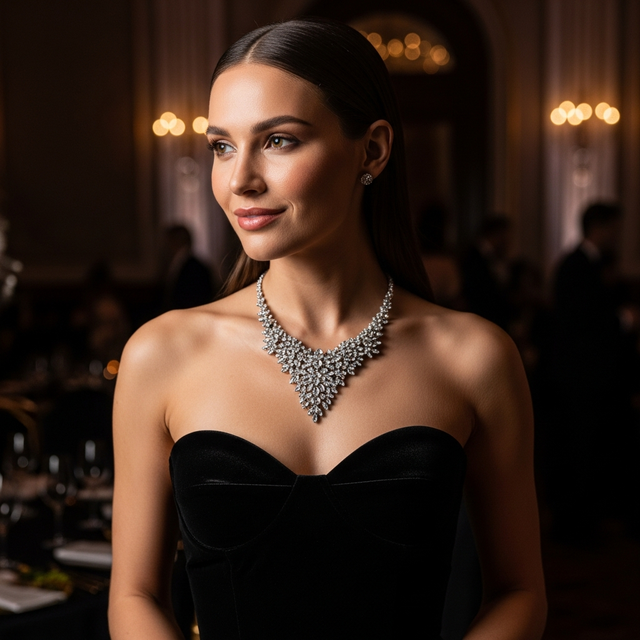 O imagine elegantă și dramatică a unei femei la un eveniment de gală. Ea poartă o rochie de seară simplă, neagră, fără bretele, din catifea, pentru a scoate în evidență bijuteriile. Piesa centrală este un colier statement spectaculos din argint, încrustat cu cristale, care îi accentuează decolteul. Iluminarea este dramatică, de seară, accentuând strălucirea bijuteriilor și rafinamentul ținutei.