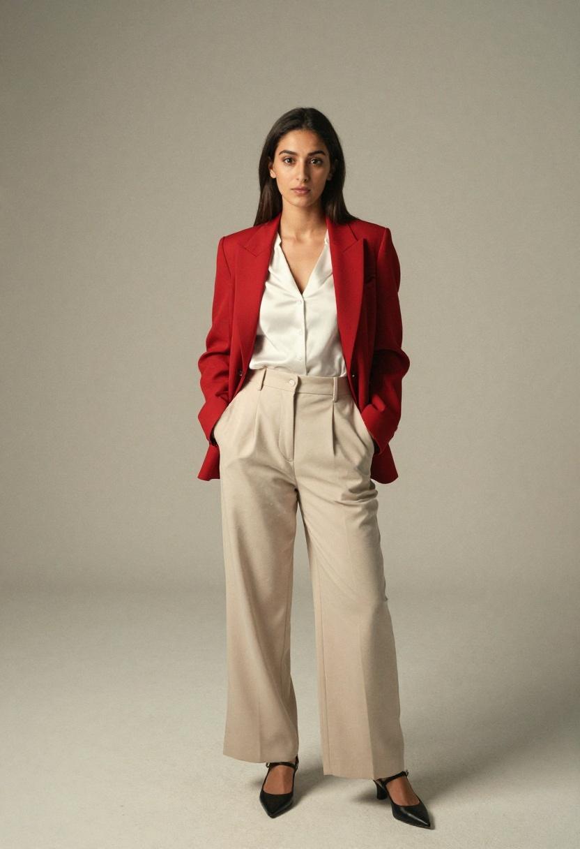 Scarlet blazer over wide-leg trousers with Mary Jane pumps for boardroom dressing