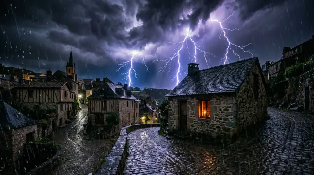 Dramatic lightning storm illuminating a 19th-century Croatian village cottage at night