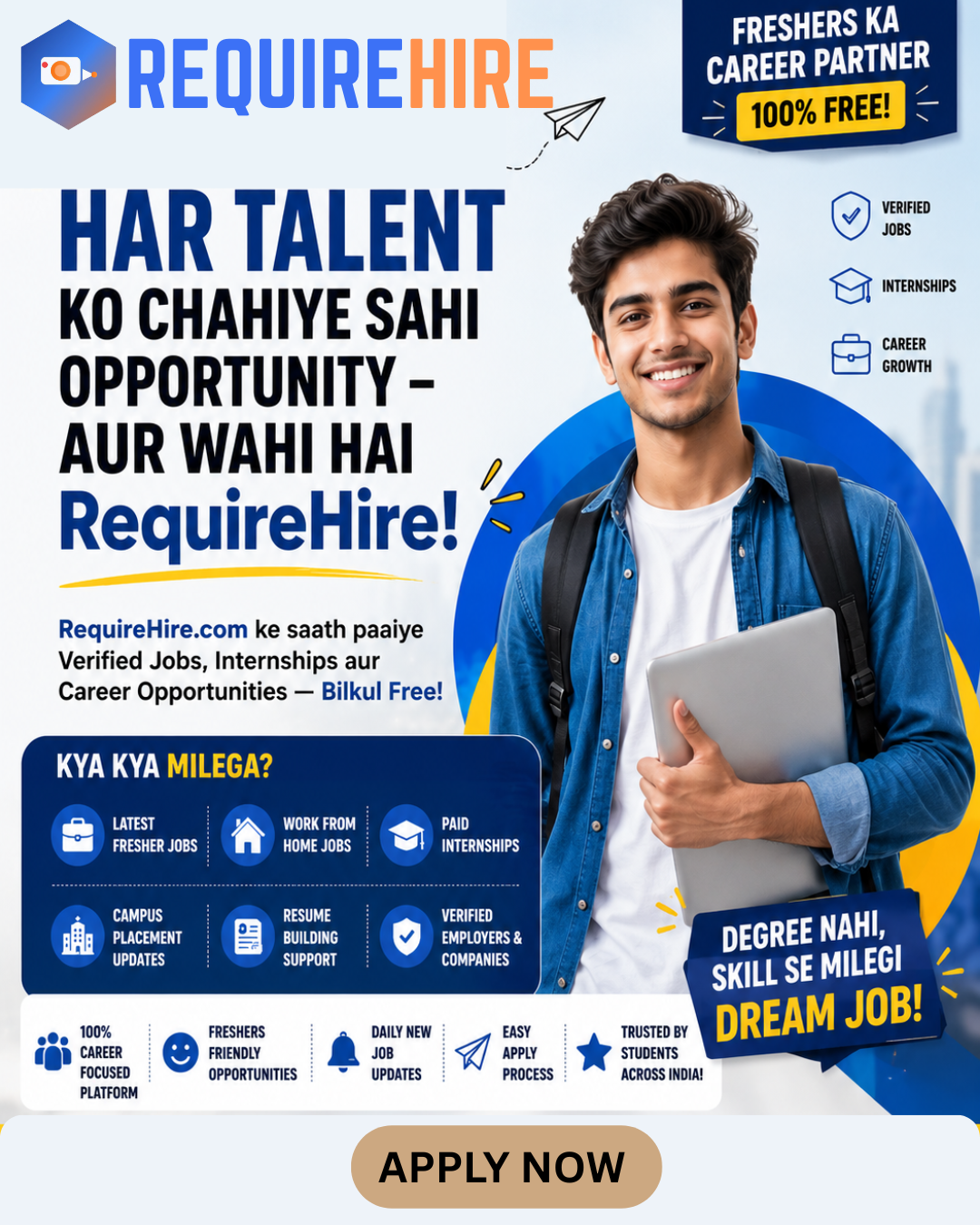 RequireHire advertisement featuring a smiling student with backpack and laptop, promoting verified jobs, internships and career opportunities for freshers