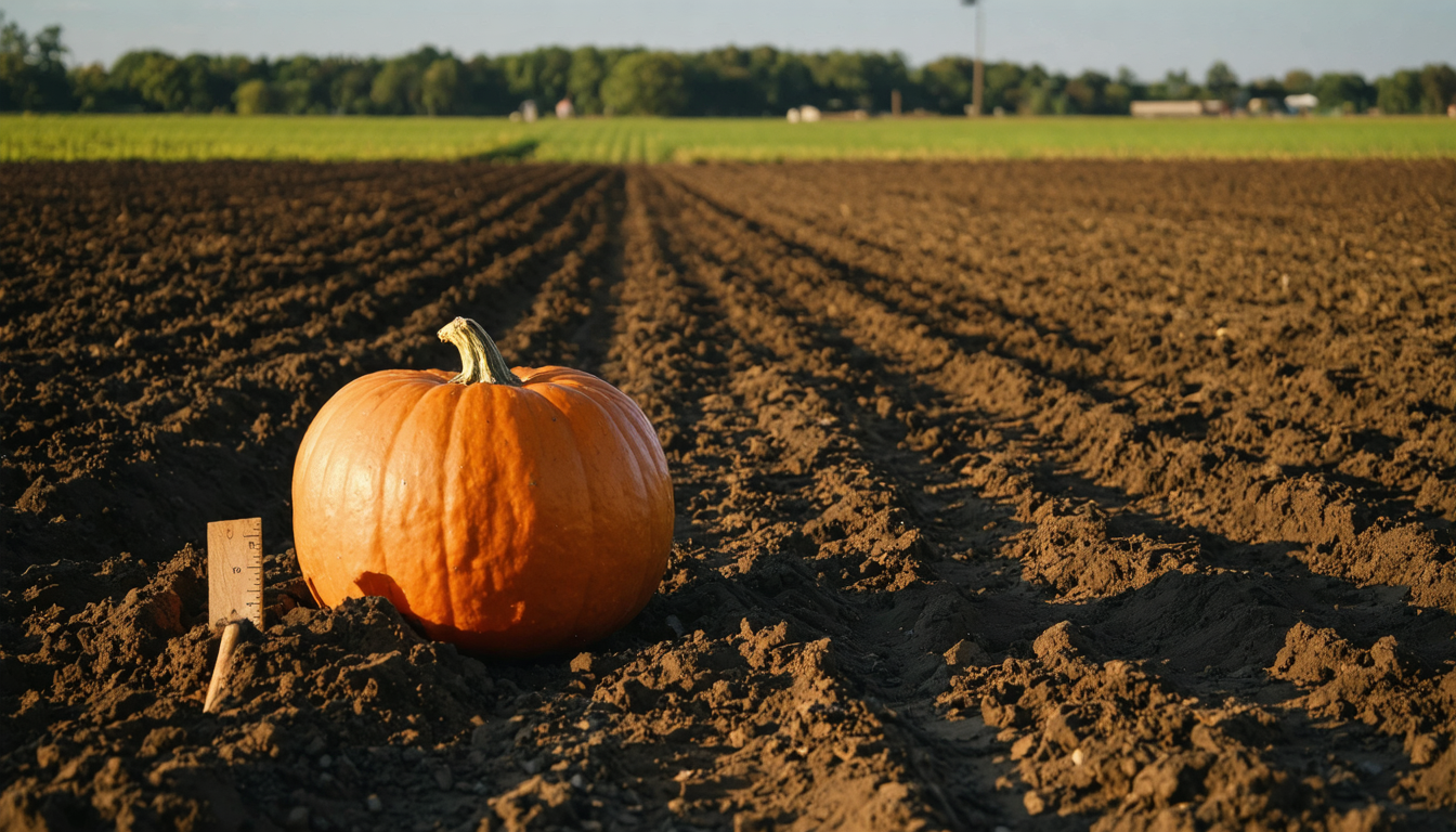 A single enormous pale pumpkin sitting alone on dark soil in an empty field, dwarfing the wooden frame beside it, late afternoon light casting a long shadow.