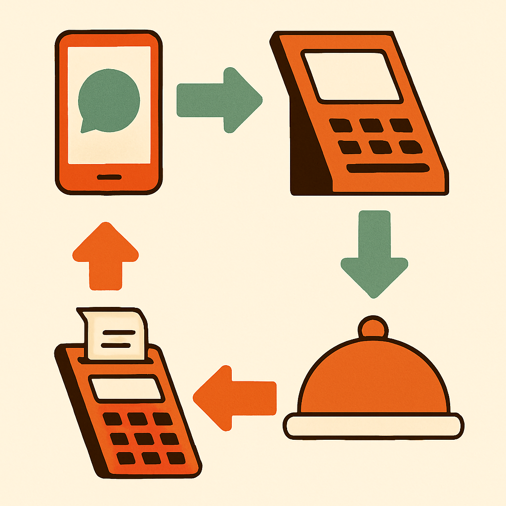 Flowchart of order lifecycle from WhatsApp message to kitchen and payment in integrated POS