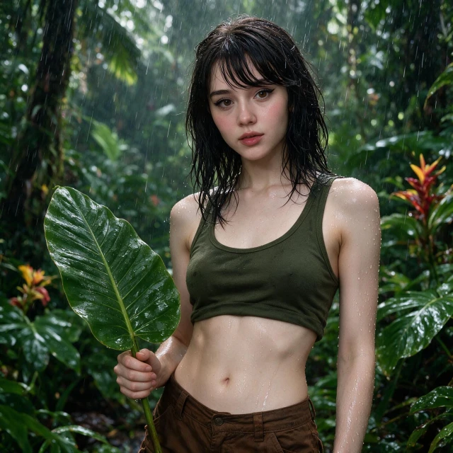 Standing in a tropical rain forest, soaked with water, shiny wet skin with water drops, wet hair, holding a medicinal leaf in her hand, raining, tropical jungle, tropical flower. She has wet hair, wearing a military green tank top and brown adventurer shorts, exposed midriff, eyeliner.