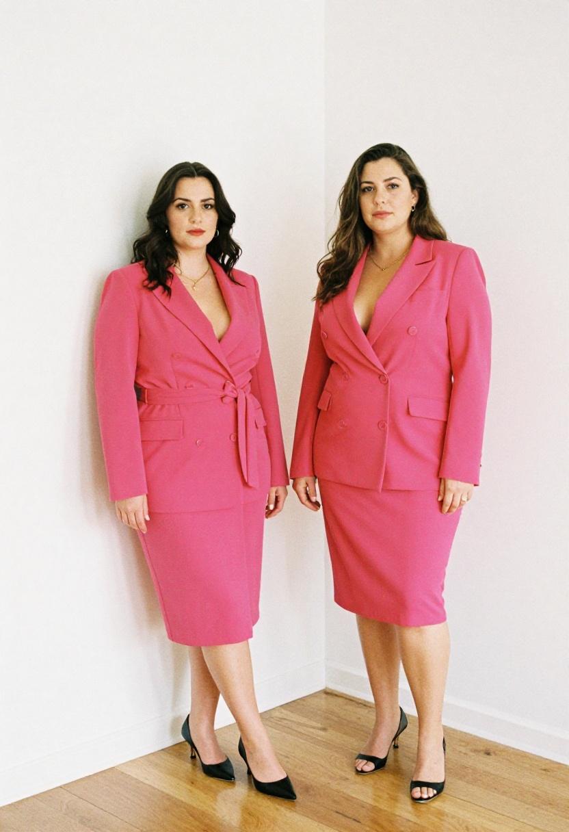 Two coordinating berry pink plus size blazer dresses in minimal white studio showing spring power dressing