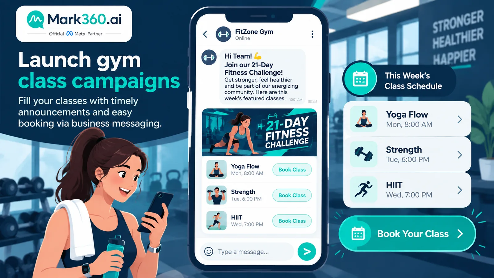 Gym class schedule WhatsApp marketing broadcast with Book class button