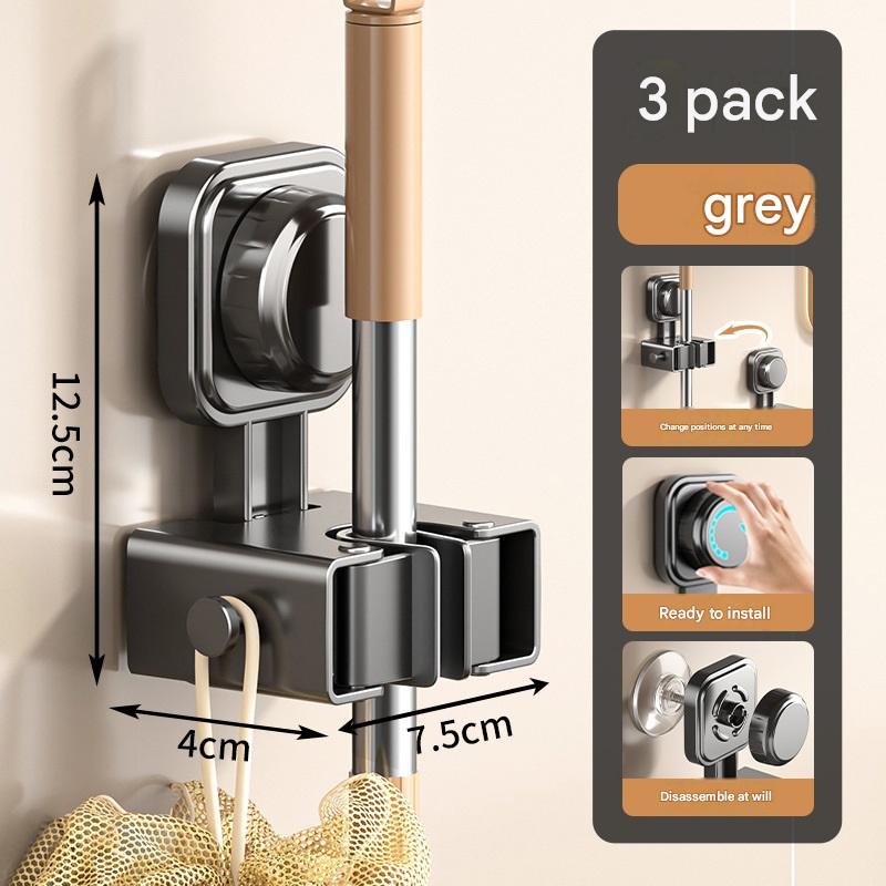 3 pack Grey Suction Cup Mop and Broom Holder Wall Mount - No Drill Adhesive Hook for Bathroom, Kitchen and Laundry, Strong Hold Reusable Storage Organiser for Cleaning Tools