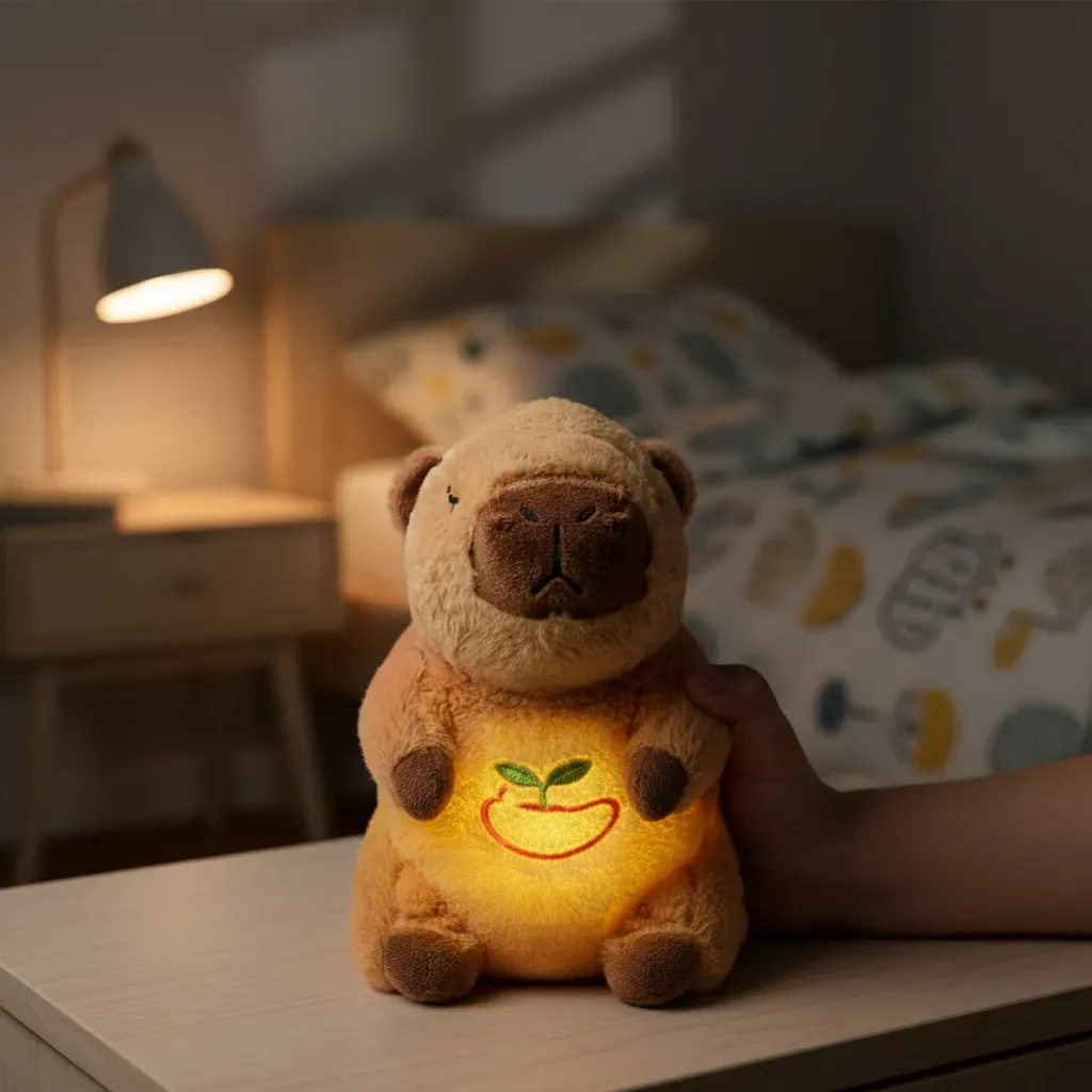 Capibara dormilona musical con luz c&aacute;lida en una habitaci&oacute;n