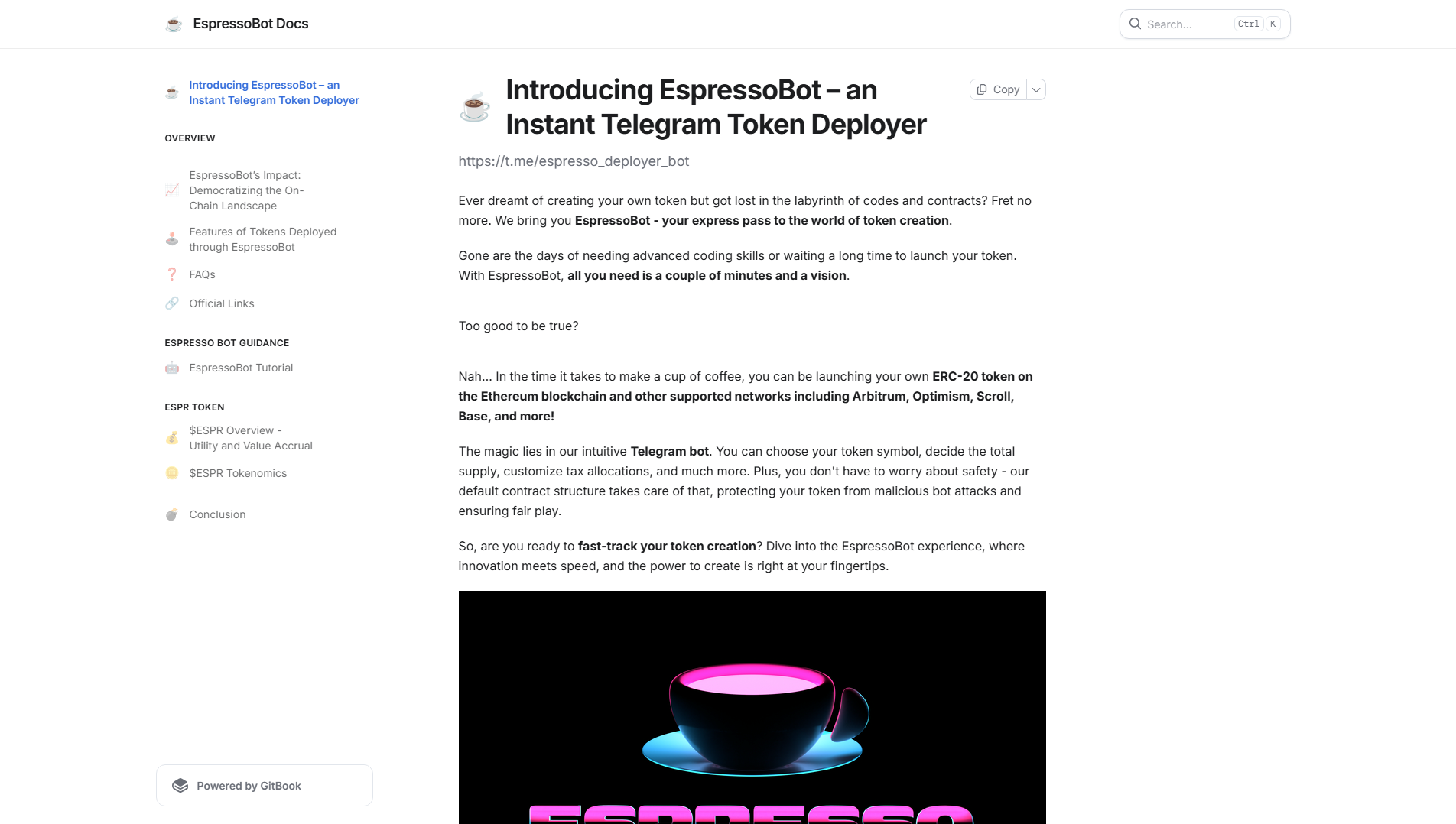 Forensic screenshot of espressobot.gitbook.io showing the phishing page layout