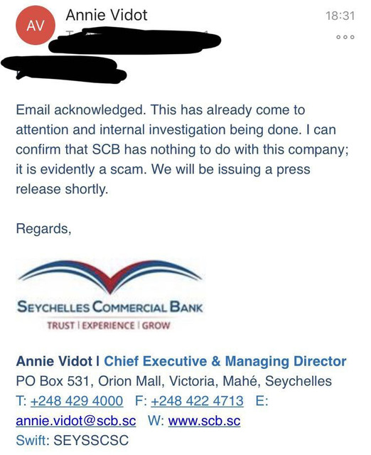 Fedlio.com

Thanks to our man in the seychelles, whose name I will not mention without his consent, we now have an official statement from the bank stating that it has no relation to Fedlio.

The investigation will continue. However, this should be enough for everyone to send no data and signatures to the address in question.

Thanks also to a very helpful member who made the contact.