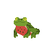 Gif pixel badge of a watermelon-frog: a green frog with darker green stripes and a red watermelon-like belly, puffing it up from time to time