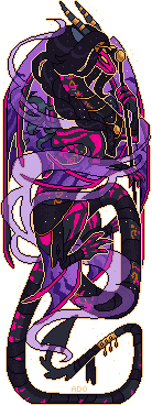 Pixel art of a black and purple Spiral dragon. He has long, braided black hair and golden jewelry, and wisps of purple smoke swirl around his body.
