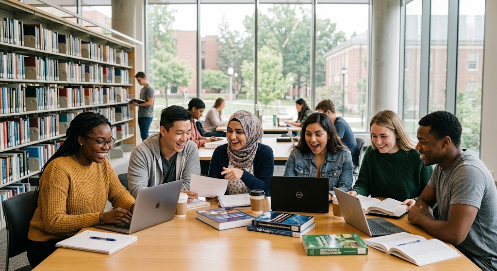 Doctoral research students collaborating in a university library