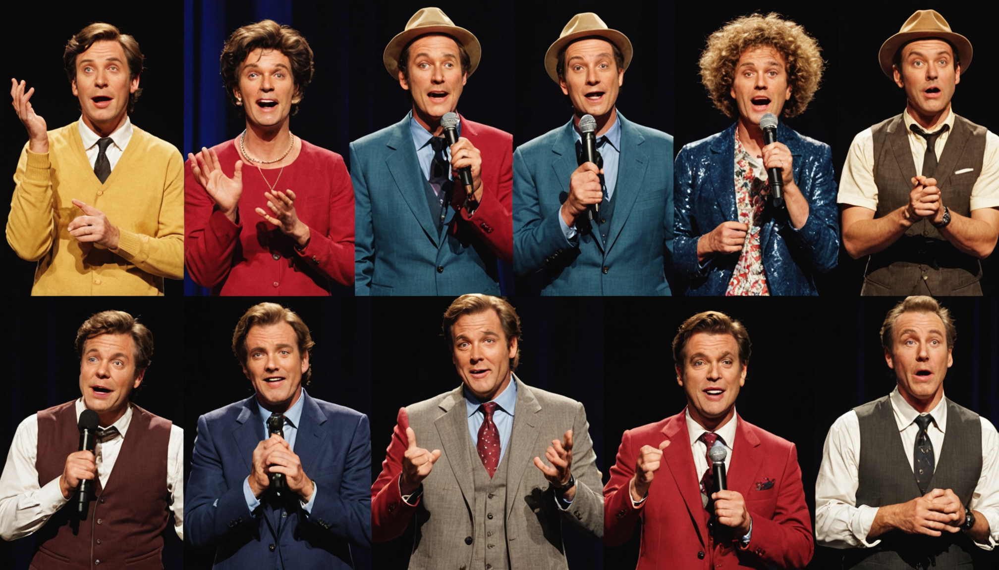 Comedic performer in diverse roles on vibrant stage sets