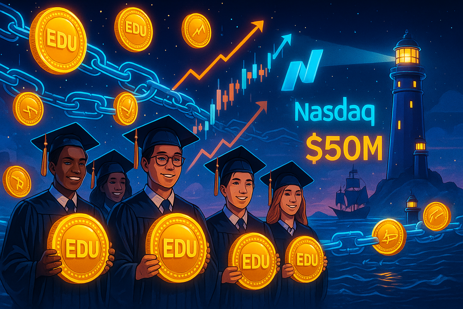 Illustration of blockchain investment in education technology partnerships