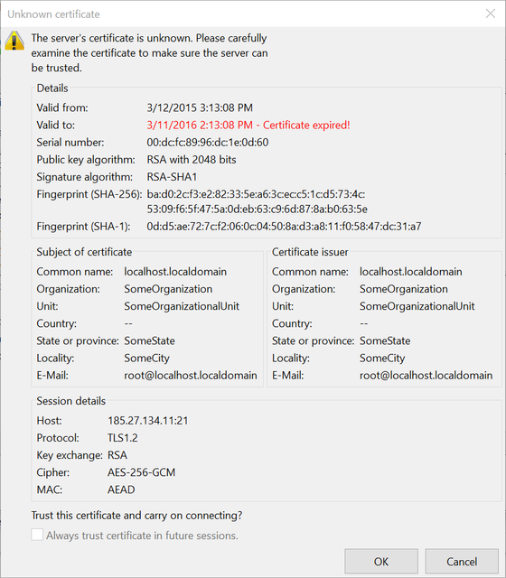Capture ftp server certificate unknow