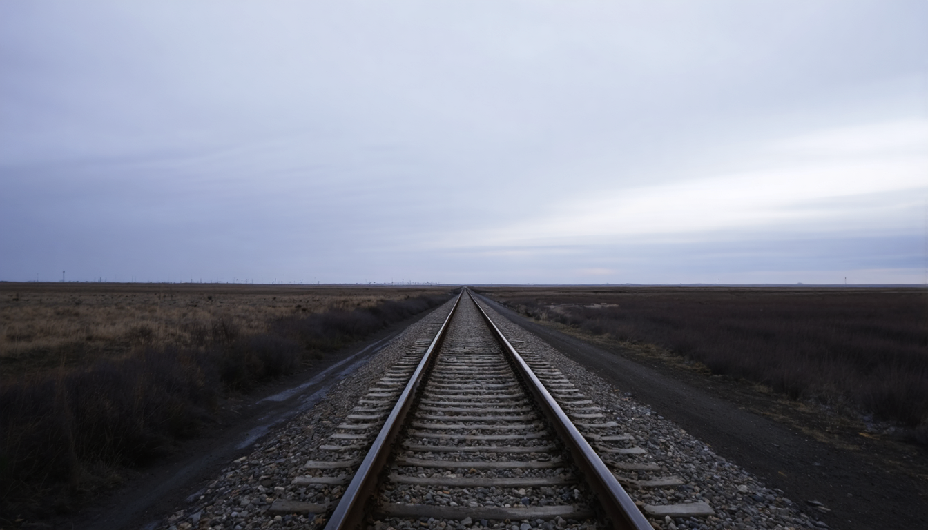 A single railway track cutting through vast empty steppe under a heavy grey sky at dusk.