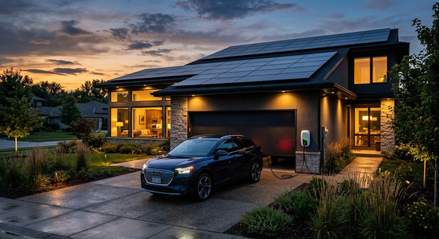 An electric car charging at a modern home with solar panels.