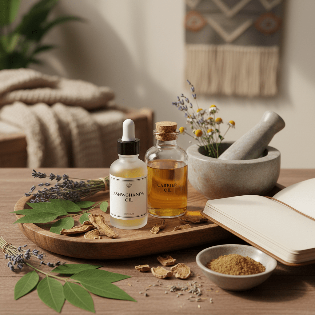 Woman performing warm oil self-massage in a peaceful bathroom, representing Abhyanga and a calming wellness ritual