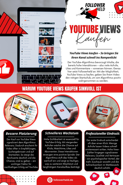 YouTube Views bezeichnen die Anzahl der Aufrufe eines Videos auf der Plattform. Jeder Aufruf zählt, wenn ein Nutzer ein Video mindestens 30 Sekunden lang ansieht. Hohe View-Zahlen signalisieren nicht nur Popularität, sondern auch Relevanz für Algorithmen, die die Sichtbarkeit von Inhalten beeinflussen. Das Kaufen von YouTube Views kann eine Strategie sein, um schnell eine höhere Sichtbarkeit zu erreichen. Anbieter unterstützen beim Erwerb von echten, aktiven Views, wodurch Vertrauen bei neuen Zuschauern entsteht.

Lesen Sie unsere Blogs:
https://followerheld.wordpress.com/
https://followerheld.medium.com/
https://followerheld.mystrikingly.com/

Weitere Links:
https://www.reverbnation.com/artist/followerheld
https://de.pinterest.com/followerheld/
https://www.flickr.com/people/followerheld/