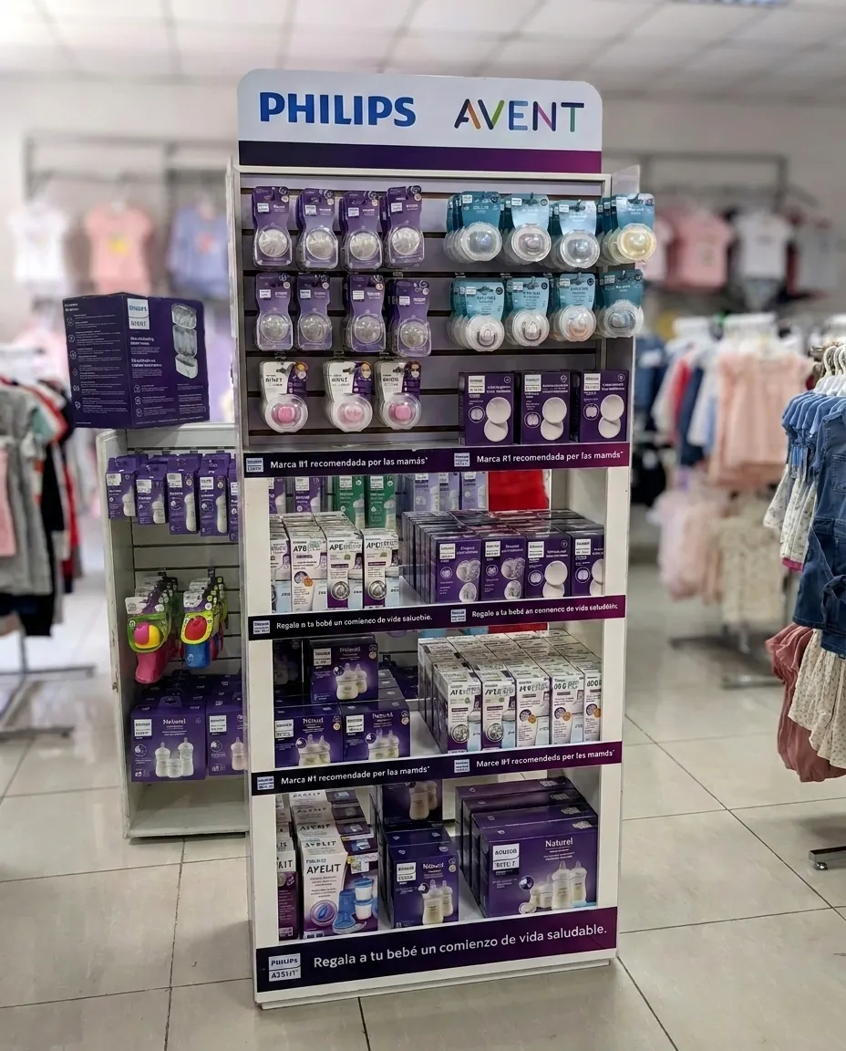 Display oficial Philips Avent en ColorPlay — sección Natural Response (morada) y Anti-colic (turquesa) lado a lado
