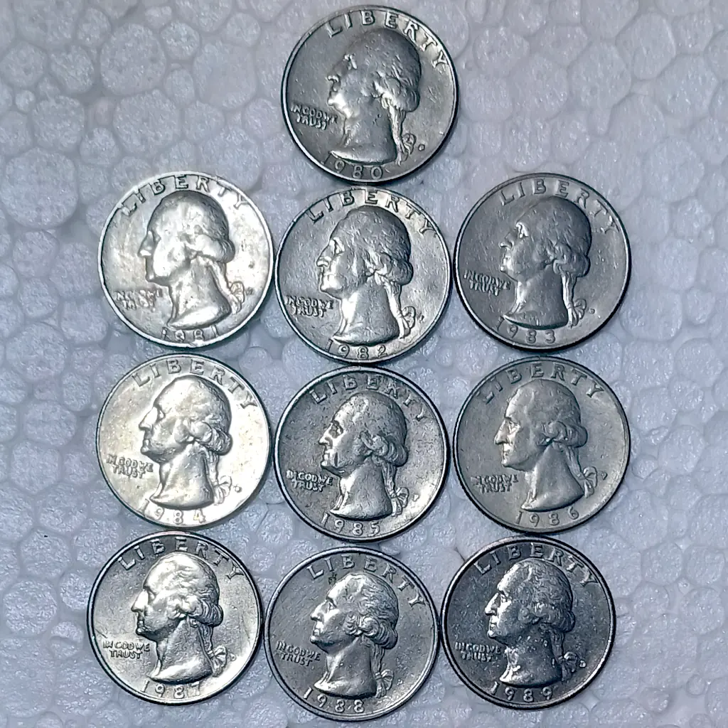 Lote com 10 Moedas Quarter Dollar EUA 1980 a 1989 – Série Completa – MBC - Foto 3
