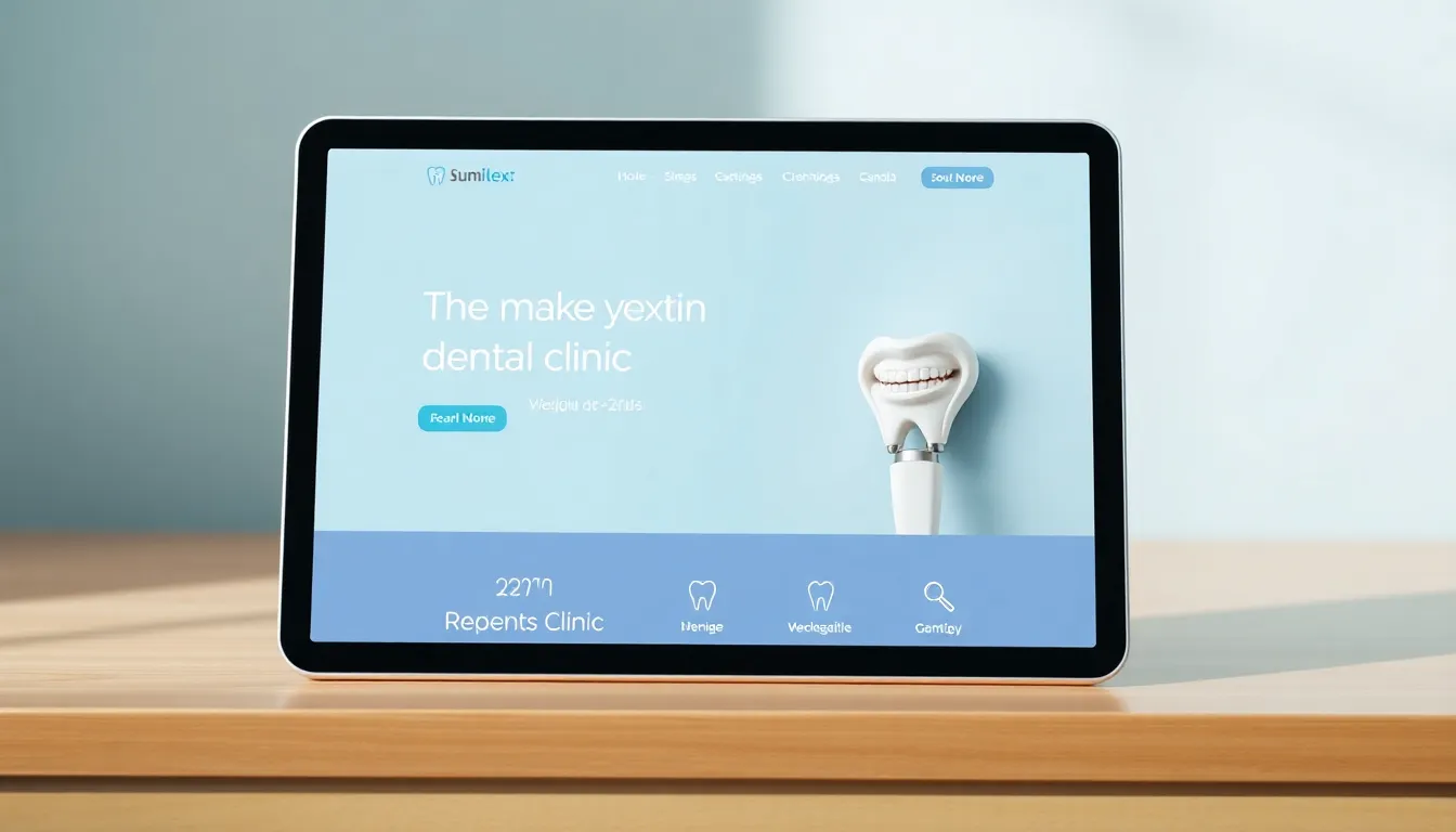Tablet screen showing a sleek dental clinic website design.