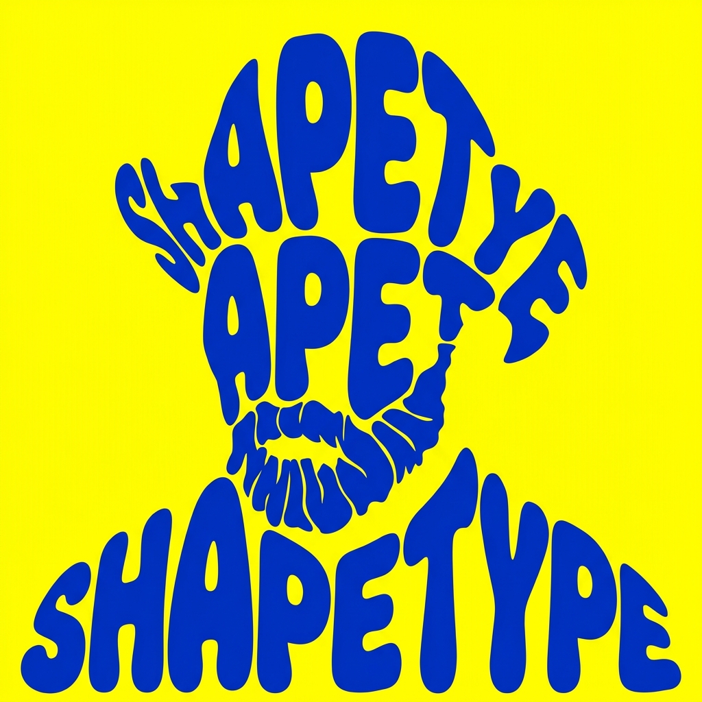 Palavra SHAPETYPE em fonte arredondada azul marinho distorcida no formato de um quadro de Van Gogh sobre fundo amarelo sólido.