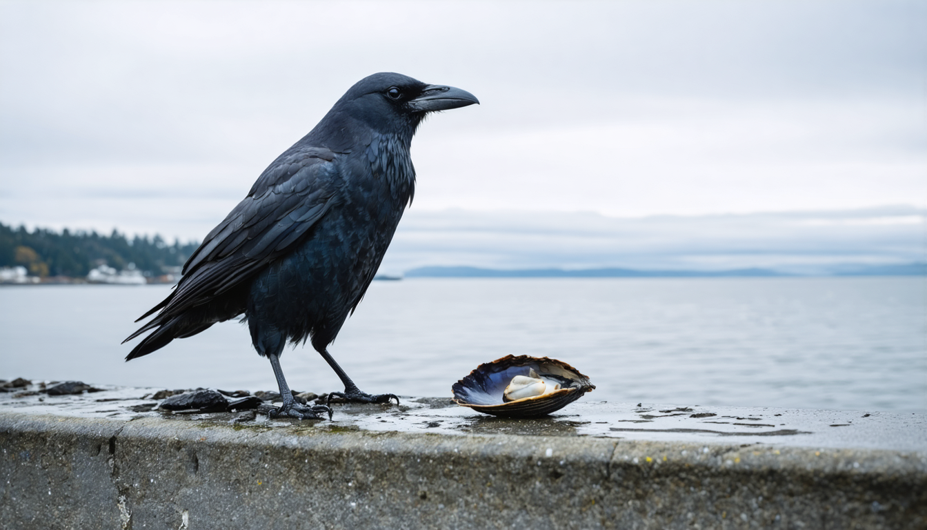 A crow perched on a weathered concrete seawall, a broken mussel shell on the rocks below, grey Pacific light.