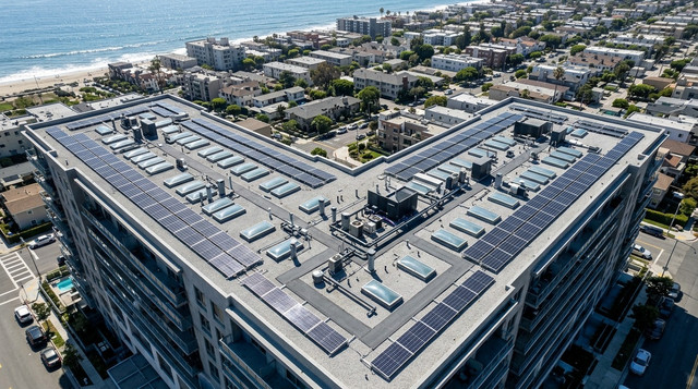 Aerial view of a condominium roof with neatly arranged solar panels.