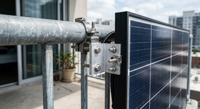 Dettaglio del fissaggio di un pannello solare alla ringhiera di un balcone.