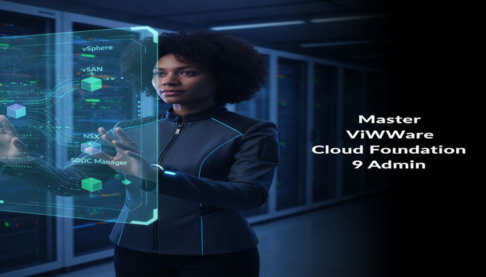 Master VMware Cloud Foundation 9 Admin A focused IT administrator confidently interacting with a holographic display showing interconnected VMware Cloud Foundation 9.0 components like vSphere, vSAN, and NSX in a futuristic data center, symbolizing mastery of complex cloud infrastructure and career future-proofing. The title 'Master VMware Cloud Foundation 9 Admin' is prominently displayed.