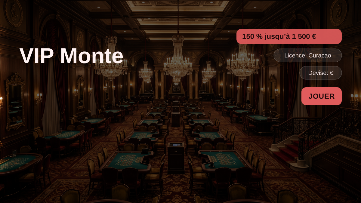 VIP Monte casino — bonus de bienvenue 150 % jusqu’à 1 500 € + 300 FS, paiements: Visa, Mastercard, Interac, MiFinity, Neosurf
