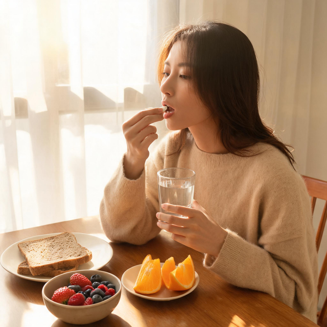 아침 식사 후 물과 함께 종합비타민을 복용하는 건강한 일상