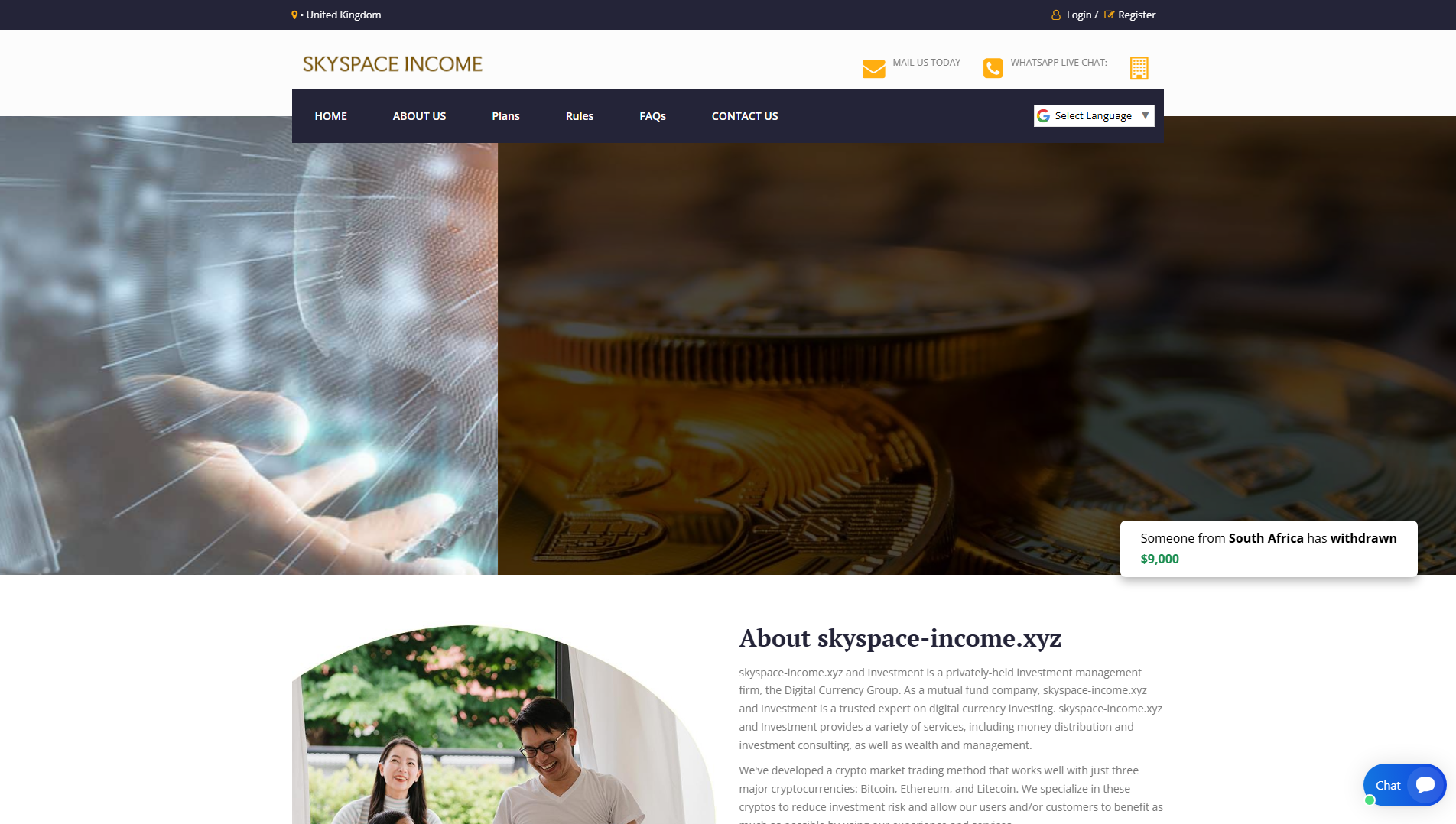 Forensic screenshot of skyspace-income.xyz showing the phishing page layout