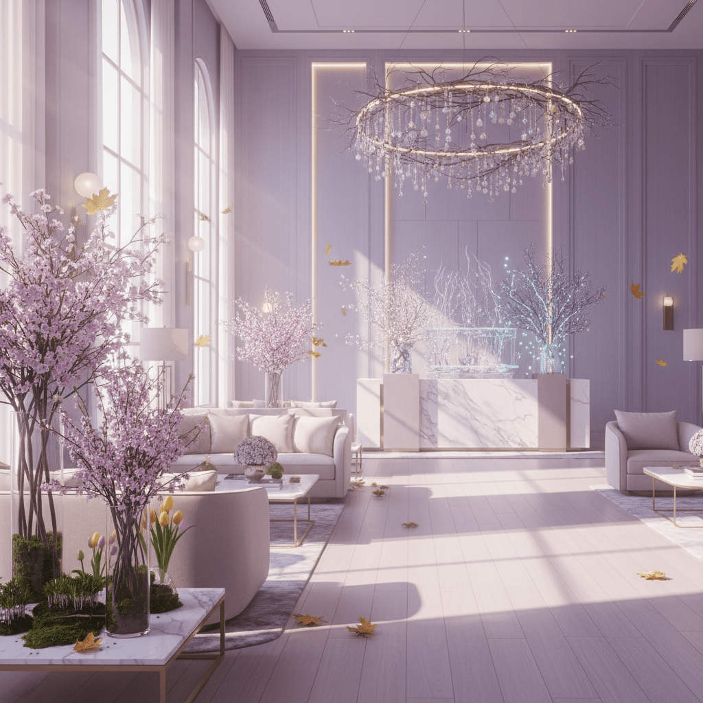 Modern hotel lobby with seasonal styling
