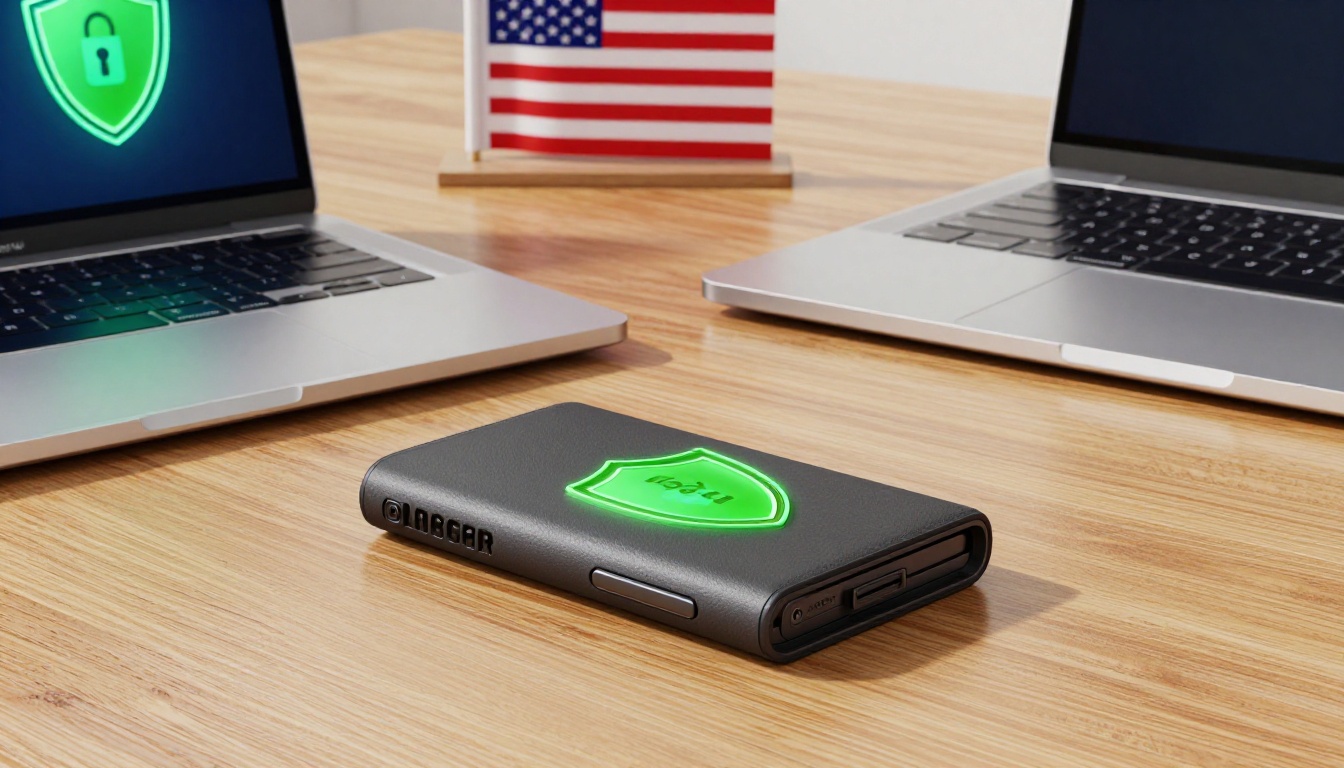 Ledger hardware wallet device secured on desk with cryptocurrency management interface