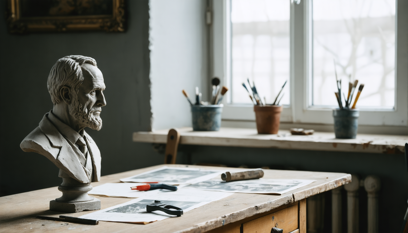 A half-finished clay bust of an aging man on a studio table, lit by a single window, with measuring tools and reference photographs blurred beside it.