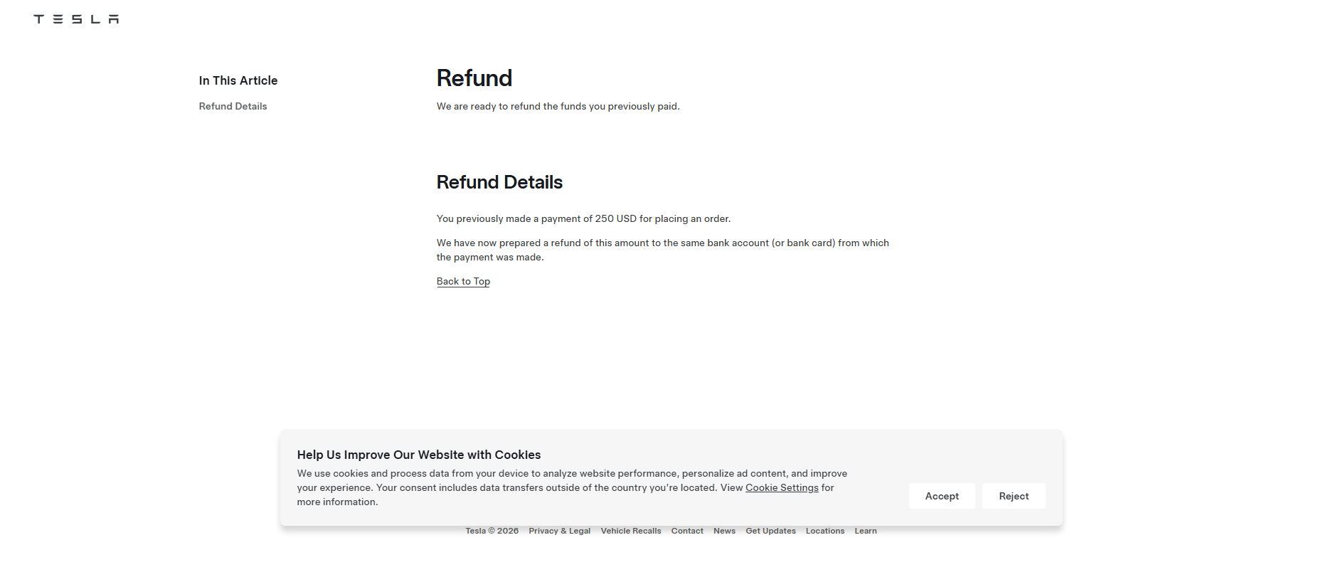Forensic screenshot of refund-tesla.com showing the phishing page layout
