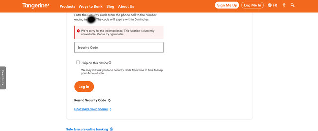 tangerine security code failed 6 july 2026