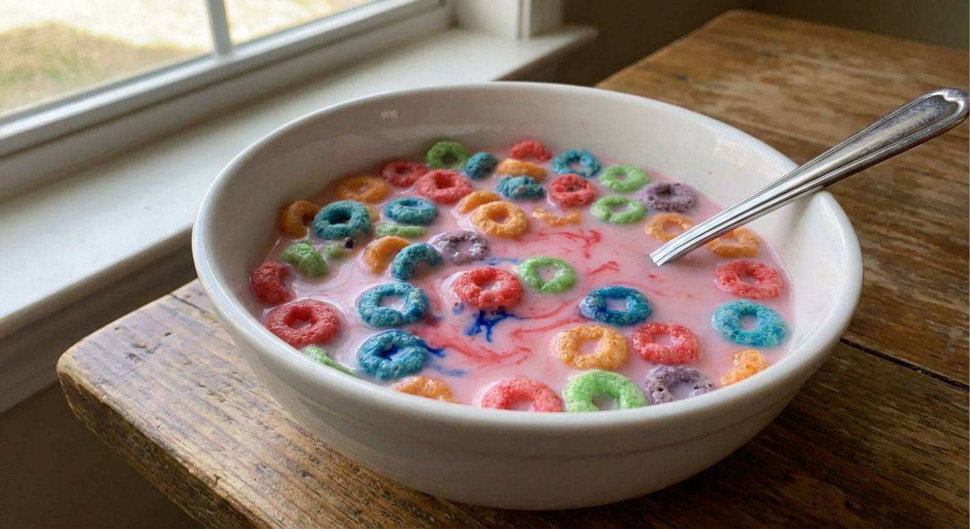 Różowy cereal z mlekiem.