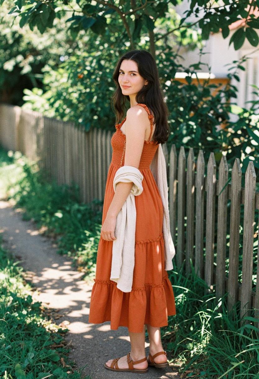 Bold burnt orange smocked sundress with ruffled tiers on a garden path