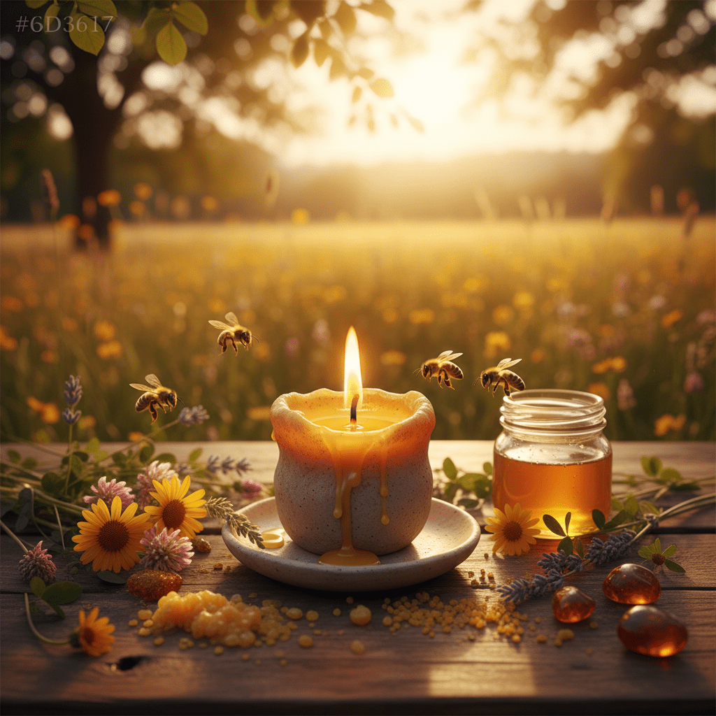 An eco-friendly tabletop scene with beeswax candle, bees and wildflowers outdoors, renewable natural ingredients, warm golden-brown palette