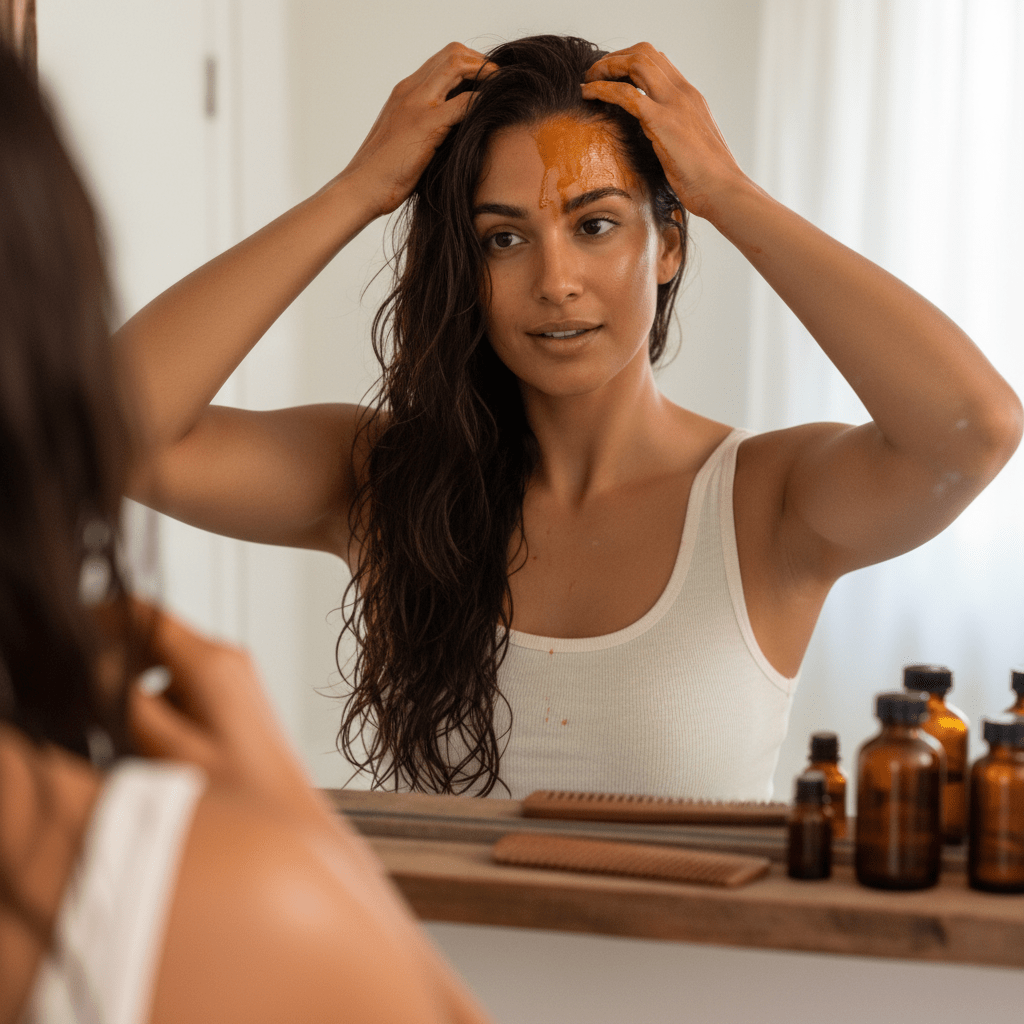 Woman applying amla oil scalp massage before shampooing