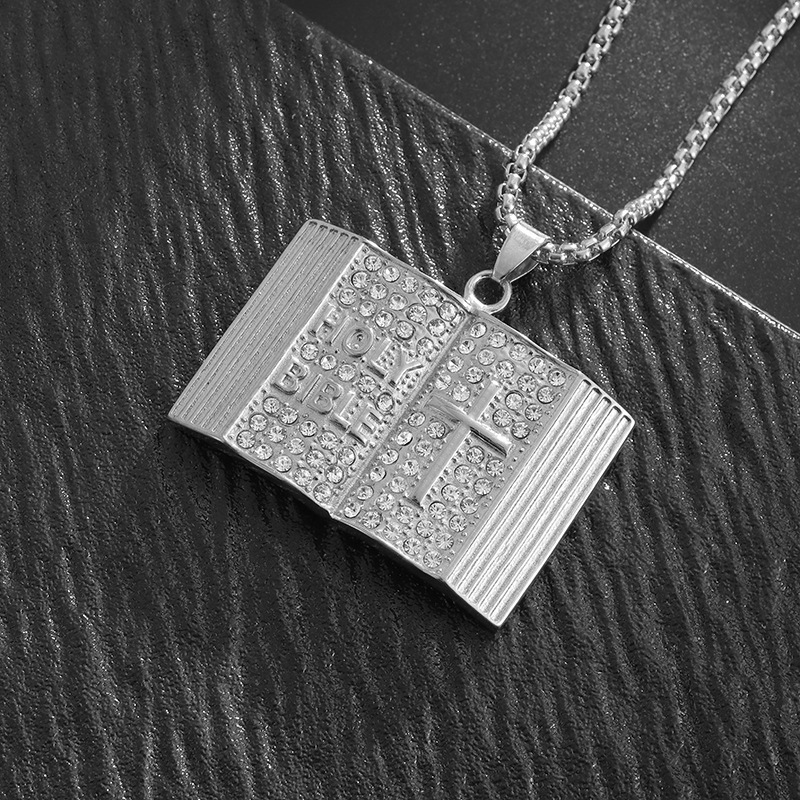 Steel-colored Vintage Holy Bible Book Pendant Necklace - Plated Alloy Cross Scripture Book Pendant with Crystal Rhinestones-Gift for Men and Women