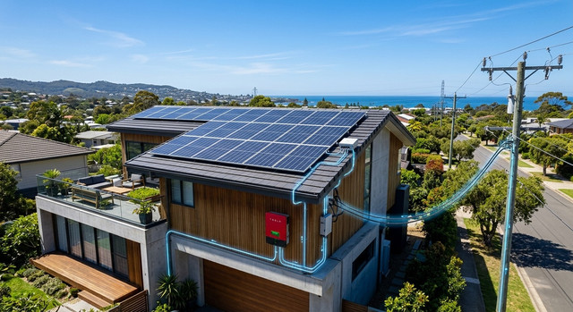 A modern rooftop with solar panels under a clear blue sky.
