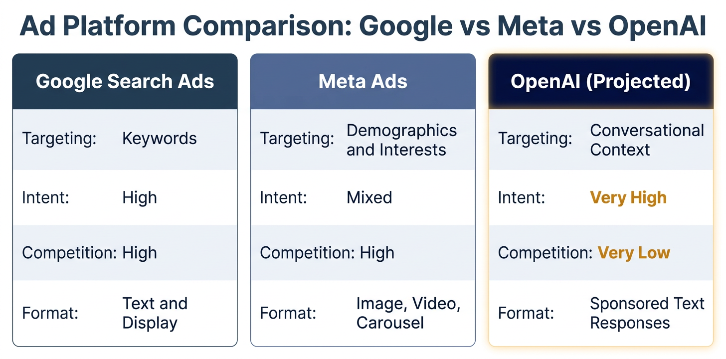 Ad platform comparison table showing Google Search Ads vs Meta Ads vs OpenAI projected ad platform across targeting, intent, competition, format, and early adopter CPC advantage — The Zulu Method