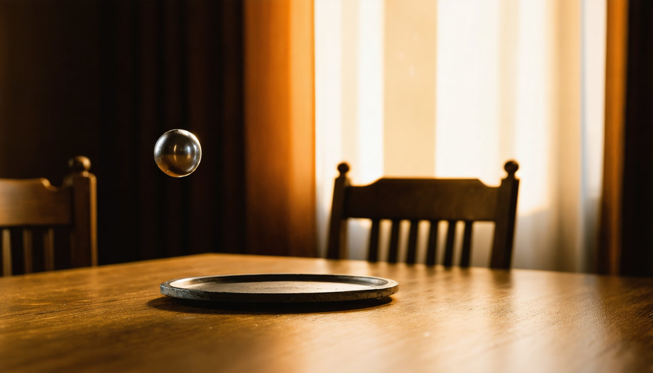 A perfectly staged steel ball on a perfectly staged plate, waiting for someone who can afford to fall asleep on purpose.