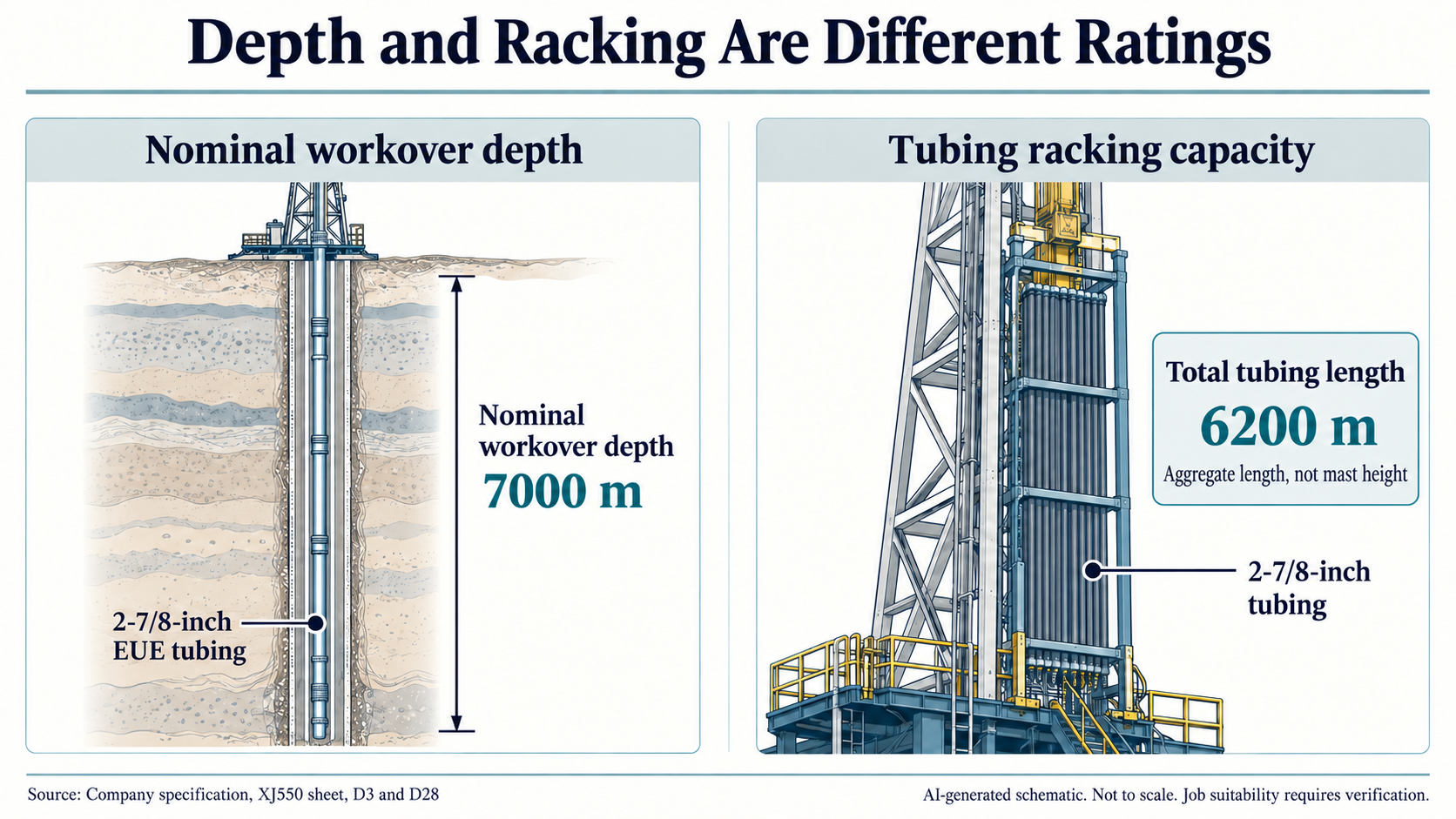 Diagram distinguishing XJ550 nominal workover depth from total tubing-racking length
