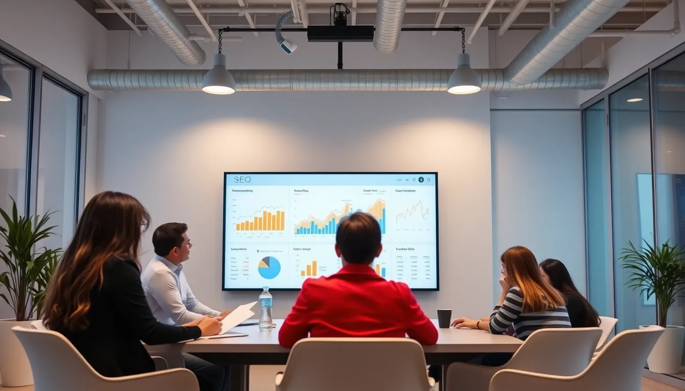 Immigration consultants reviewing digital SEO data in a contemporary workspace.